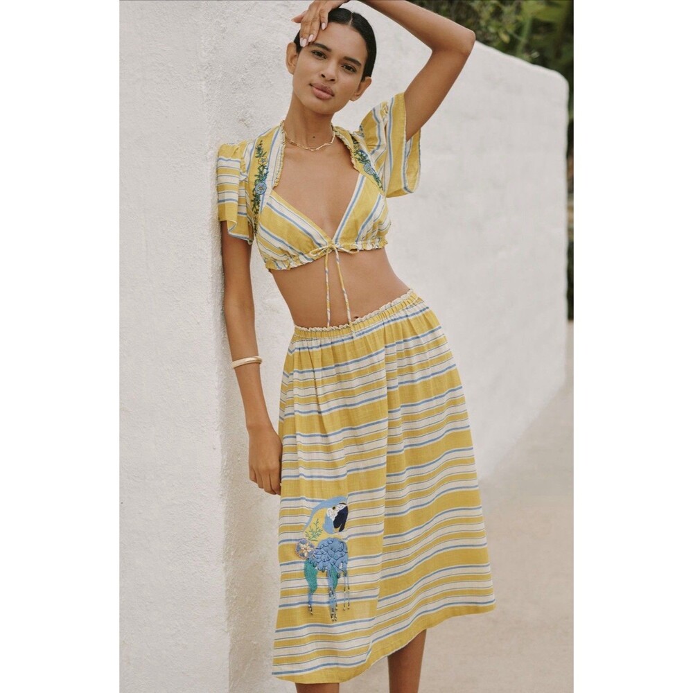 Anthropologie Celandine Midi Skirt Yellow Stripe Copacabana Vacay Boho Large NWT
